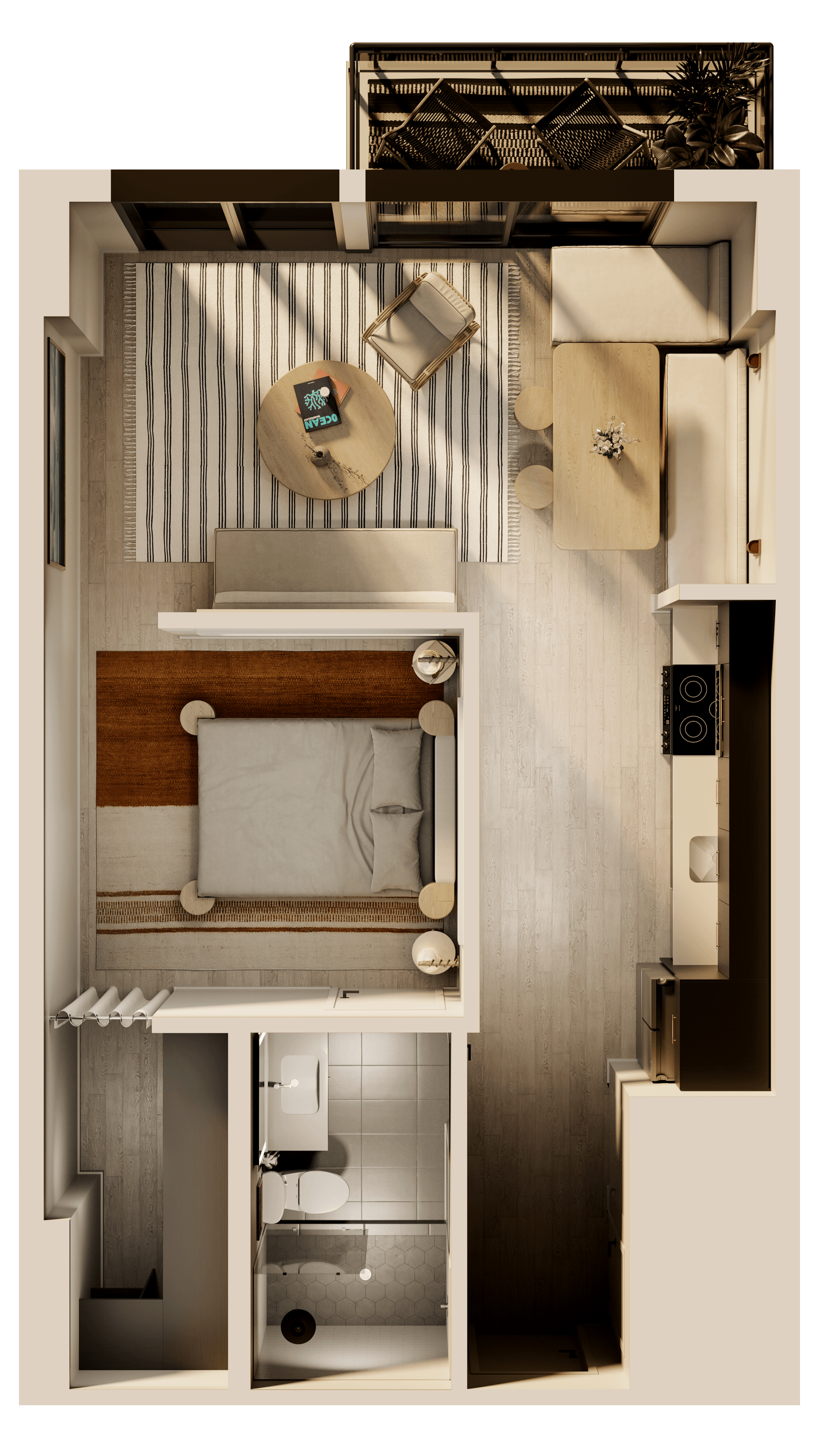 a 3d rendering of a hotel room with a bed and a bathroom